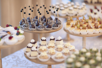 Closeup view photography of many small souffle cakes served on plate on table for cocktail party or on shelves of store. Christmas, birthday or wedding holiday dinner. catering food. tasty dessert.