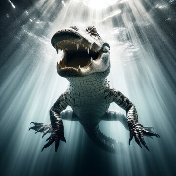 Alligator swimming underwater angry. ai generative