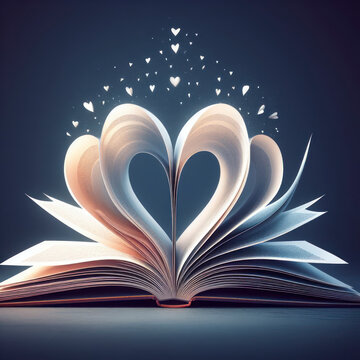 An open book with pages folding inward to form a heart shape. A representation of the love for reading. ai generative