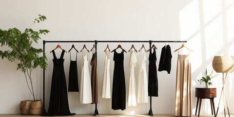 An airy boutique displays contemporary clothing in a chic, minimalist setting. - obrazy, fototapety, plakaty