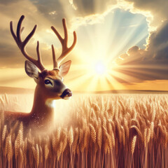 Buck in a wheat field. A concept of wildlife and agriculture. ai generative