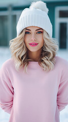 beautiful woman with white wavy blonde hair wearing pink white mockup winter clothes facing front in beautiful snowy winter wonderland created with Generative AI technology