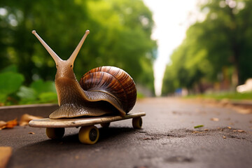 Slow snail riding skateboard. Speed increase, reptile courier delivery, transportation, efficient fast movement, time saving fast delivery concept - obrazy, fototapety, plakaty