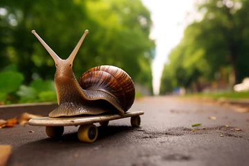 Foto auf Acrylglas Slow snail riding skateboard. Speed increase, reptile courier delivery, transportation, efficient fast movement, time saving fast delivery concept © Valeriia