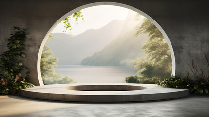 Empty concrete room, Large circular window, Round podium, Minimalist design, Nature background, AI...