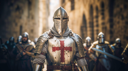 Templar knight wearing an armor with a red christian cross on it, medieval times with an army, castle village or town background, crusader hd - obrazy, fototapety, plakaty