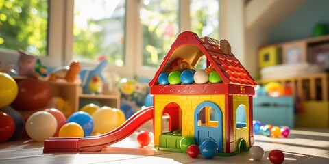 Bright toy house and slide in a sunlit room, amidst vibrant play balls. - obrazy, fototapety, plakaty