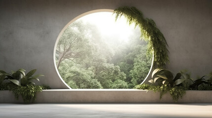 Empty concrete room, Large circular window, Round podium, Minimalist design, Nature background, AI Generated