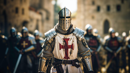 Templar knight wearing an armor with a red christian cross on it, medieval times with an army, castle village or town background, crusader hd - obrazy, fototapety, plakaty