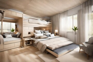 A multi-generational family bedroom with versatile sleeping arrangements, accommodating different age groups and preferences.