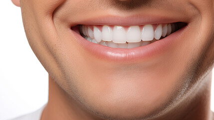 Obraz premium sweet smile of handsome man close up with chin, nose and mouth with very clean and perfect teeth looking for dental services advertisement on white background