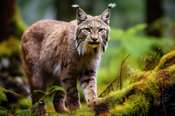 Fototapeta premium adventuring photography of lynx hinting wild in forest of new zealand, minimalistic composition, banner, glorious color