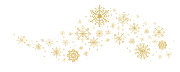 Fotobehang Wave golden snowflake swirl winter snow border ice decoration isolated on white background. Holiday crystal curve shape design, magic ornament © Alyona