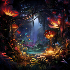 a dreamscape featuring the chromatic glow of lights, abstract fireflies, jungle elements with a whirlwind playing with shadows and light