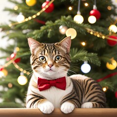 funny festive New Year's tabby cat, cute cat dressed in a red bow tie, against the background of a New Year's tree with lights