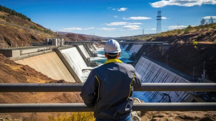 An engineer stands in front of a dam