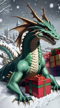 A majestic dragon poses proudly with a stack of Christmas gifts, capturing the fantasy and spirit of the festive season.
