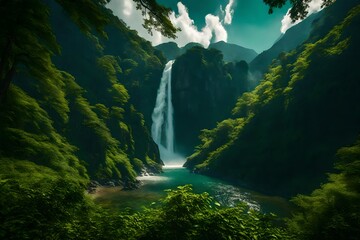 A mesmerizing sight of waterfalls merging with lush, verdant slopes, painting a serene picture in the mountains.