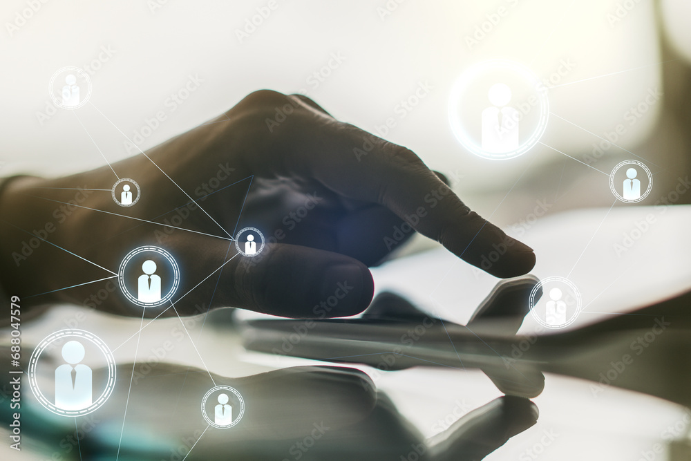 Poster social network media concept with finger presses on a digital tablet on background. double exposure