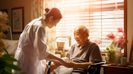 Fototapeta premium Asian senior man receiving medical help from a visiting nurse in the comfort of his own home