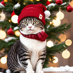 funny festive New Year's tabby cat, cute cat dressed in a hat and scarf, against the background of a New Year tree with lights