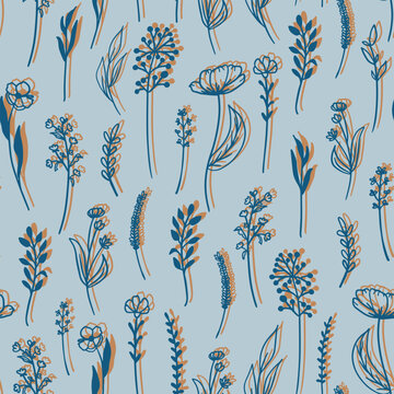Hand drawn, various botanical elements seamless repeat pattern on blue background. Vector flowers, leaves, herbs, branches with shadows all over surface print.