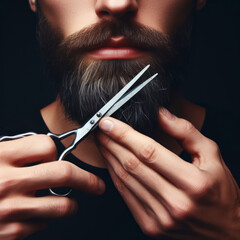 Obraz premium closeup of a man trimming his beard with scissors, barbershop on solid black background. ai generative