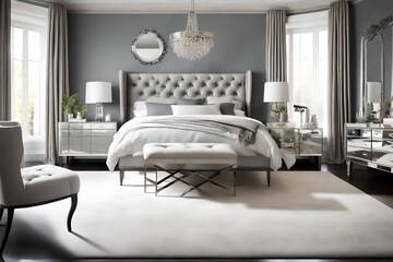A monochromatic bedroom with shades of gray, featuring a tufted headboard, mirrored furniture, and subtle pops of color.