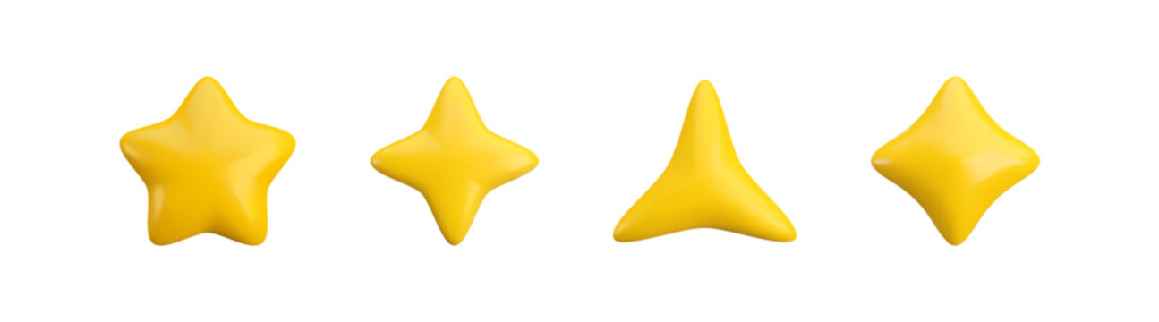 Vector 3d gold stars icons set. Cute realistic cartoon 3d render five, four and triangular star on white background. Glossy plastic yellow different star shapes for decoration, web, game design, app.