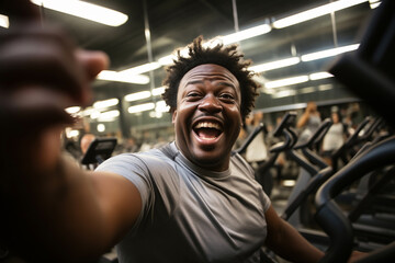 Obese African-Ameoverweight happy man with belly taking selfie at gym club, fitness center before training. Active lifestyle, loosing weigh by cardiot, getting fit, fitness, healthy habits concept - obrazy, fototapety, plakaty