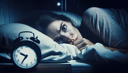 Sleepless night depicted in the weary eyes of a woman facing insomnia. - obrazy, fototapety, plakaty