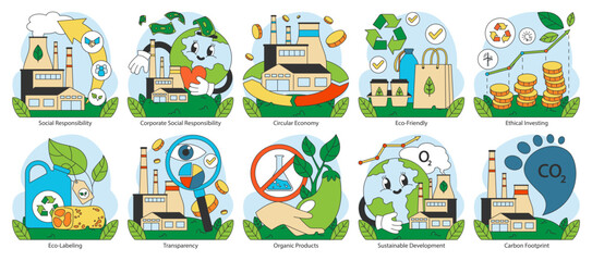 Fototapeta premium Ethical consumption set. Highlights responsible business practices and environmental care. Reflects sustainable living and green economy principles. Flat vector illustration.