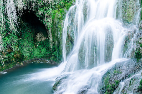 Silky effect waterfalls inside the village of Torbera, Burgos, Castile and Leon, Spain.