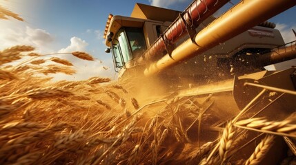 Harvester harvesting ripe grain in farmer's field - obrazy, fototapety, plakaty