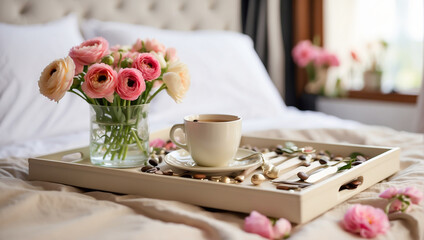Fototapeta na wymiar Tray with a cup of coffee, vase with flowers on the bed in the room relax