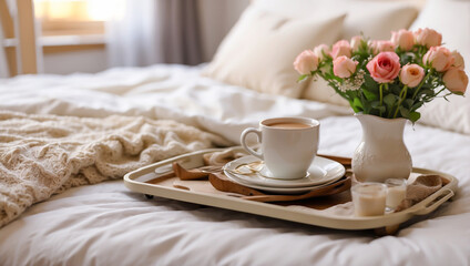 Fototapeta na wymiar Tray with a cup of coffee, vase with flowers on the bed in the room morning