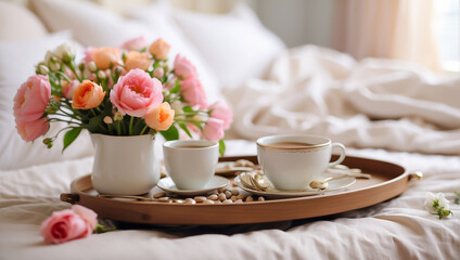 Fototapeta na wymiar Tray with a cup of coffee, vase with flowers on the bed in the room decoration