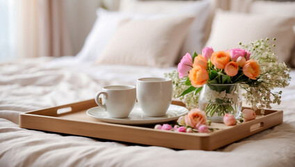 Fototapeta na wymiar Tray with a cup of coffee, vase with flowers on the bed in the room romantic