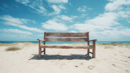 Naklejka na ściany i meble empty old wooden bench on a sandy hill in the middle of the island on a sunny day and blue sky with a view of the wide blue sea on the horizon created with Generative AI technology
