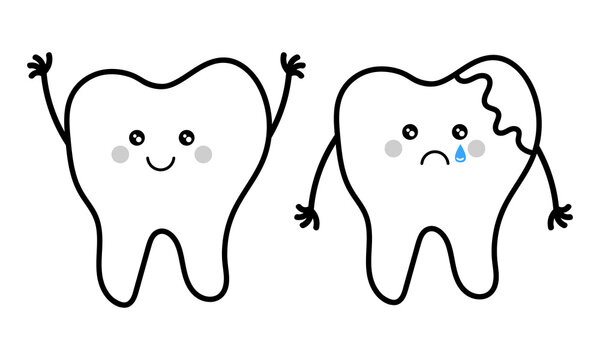 hand drawn of healthy and sick tooth characters on white background