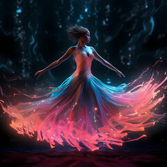 a digital ballet featuring the neon glow of lights, jungle elements, and cosmic influences