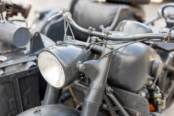  Close up of a german motorcycle from WW2. Old military bike