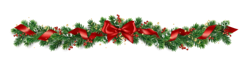 Foto op Plexiglas Christmas tree garland on transparent background, vector illustration. Realistic pine tree branches with red bow and ribbons. Decoration for holiday banners, party posters, cards, headers. © Olga Prozorova