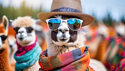 lama wearing a scarf, sunglasses and a hat - obrazy, fototapety, plakaty