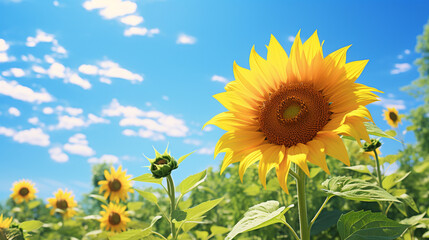Yellow sunflower blooming in lush green garden under the clear blue sky, AI Generated