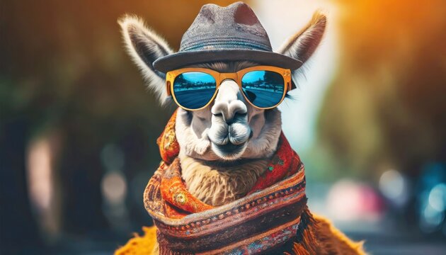 lama wearing a scarf, sunglasses and a hat