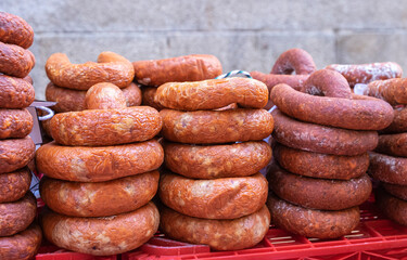 Homemade pumpkin and potato blood sausages for sale at a street market, typical products of the...