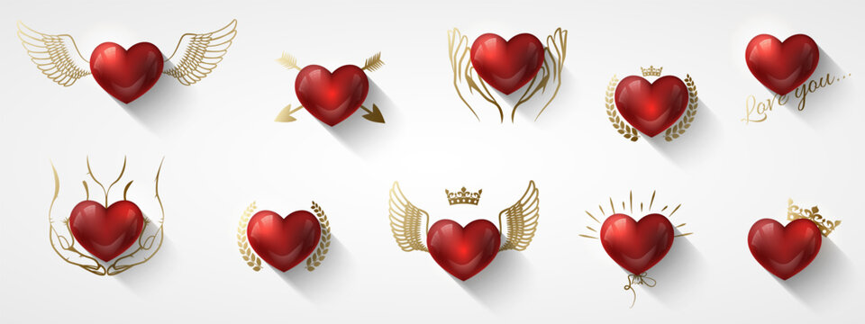 Valentine's Day love icons set. Glossy red 3d heart with golden decor. Greeting Card heart Patch with in gold wings, crown, arrow, wreath, hands hold. White background, romantic vector illustration