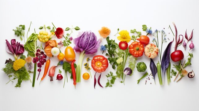 a creative display of colorful vegetables on a seamless white canvas, celebrating the beauty of natural hues.