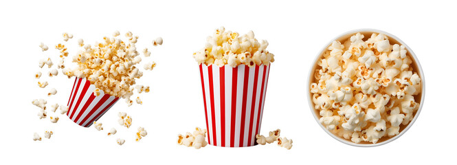 Set featuring top and side view of popcorn bucket with popcorn taking flight, Isolated on Transparent Background, PNG - obrazy, fototapety, plakaty